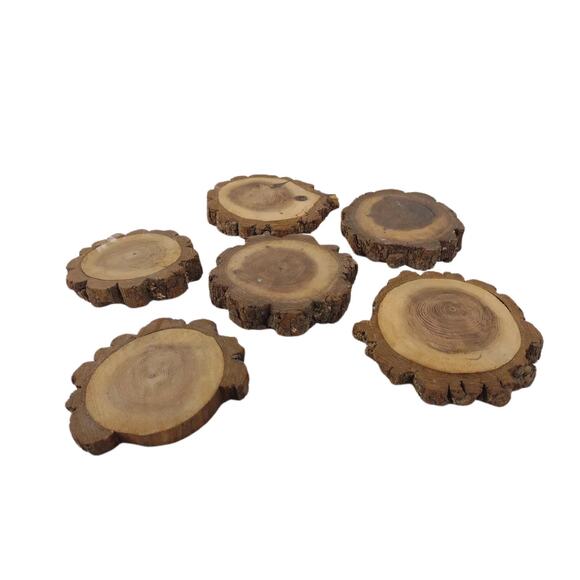Vintage Set of 6 Rustic Wood Bark Coasters, Hardwood Wooden Primitive - Picture 1 of 4
